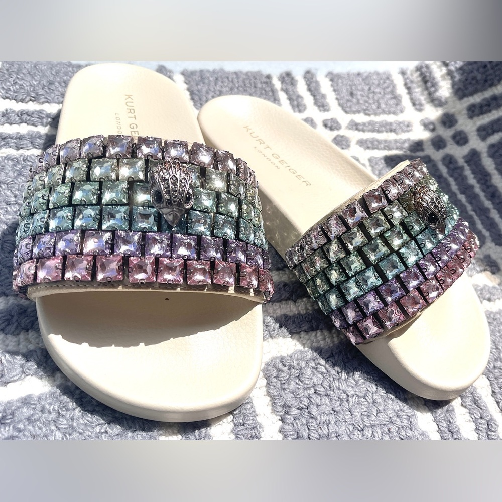 Kurt Geiger NIB Slide Sandals Meena Lg Pastel Crystals EagleHead w/Crystals Sz 7 - Picture 4 of 13